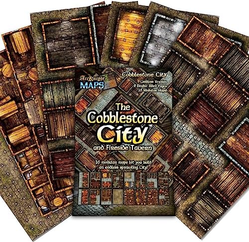 Arcknight The Cobblestone City Roleplaying Battlemaps; 16 Modular RPG Maps in 8 Double-Sided Pages, 1" Square Grid, Modular & Versatile Design for Tabletop Gaming - for Dungeons & Dragons, Pathfinder