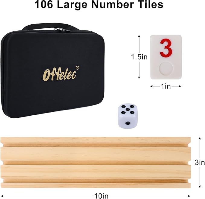 Rummy Tiles & Cube Game Set with 106 Large Number Tiles, 4 Wooden Racks & Dice - Family Board Game for Adults, Kids & Parties - Classic Tile Game for 2-4 Players, Great Gifts