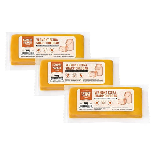 Farmers' Market Vermont Extra Sharp Cheddar Cheese Block 7oz, Shelf Stable, Locally Sourced Wisconsin Cheese, All Natural Cheese Snack, Perfect for Slicing and Shredding, 3-Pack