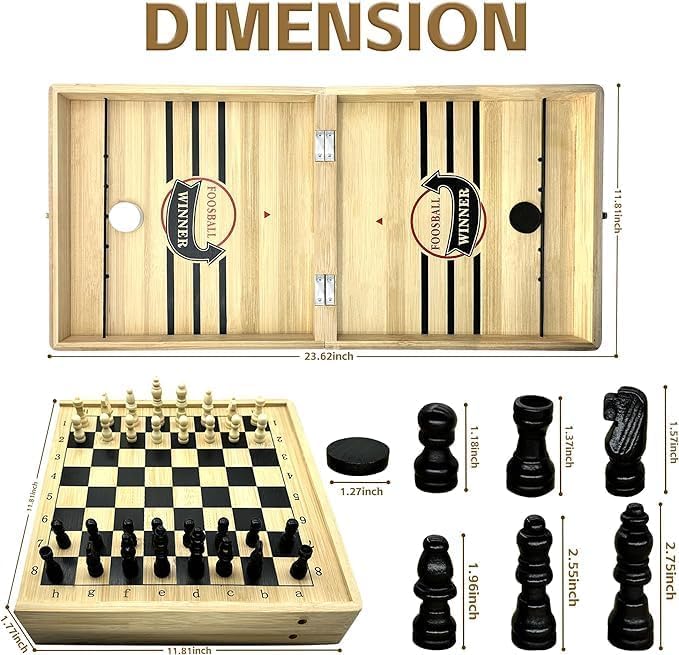 4-in-1 Sling Puck Game Set Super Winner Sling Puck Set, Chess, Checkers, Tic Tac Toe Games, Portable Folding Tabletop Chess Board Game for Adults and Kids
