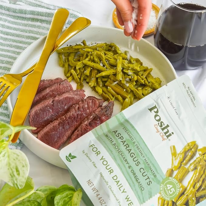 POSHI Marinated Asparagus Cuts with Rosemary + Oregano Natural, Keto, Vegan, Non GMO, Low Carb + Calorie, Gluten Free Ready to Eat Fully Cooked Vegetables, Pentry Food, Gourmet, Healthy 6 Pack, 4.4oz