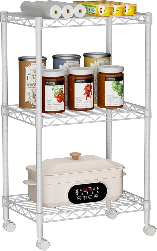 Small 3 Tier Shelves Storage Wire Shelving Unit Metal Shelf Adjustable Organizers Storage Shelving with Wheels for Bathroom Laundry Room Kitchen Pantry12”D x 18”W x 30.7”H White