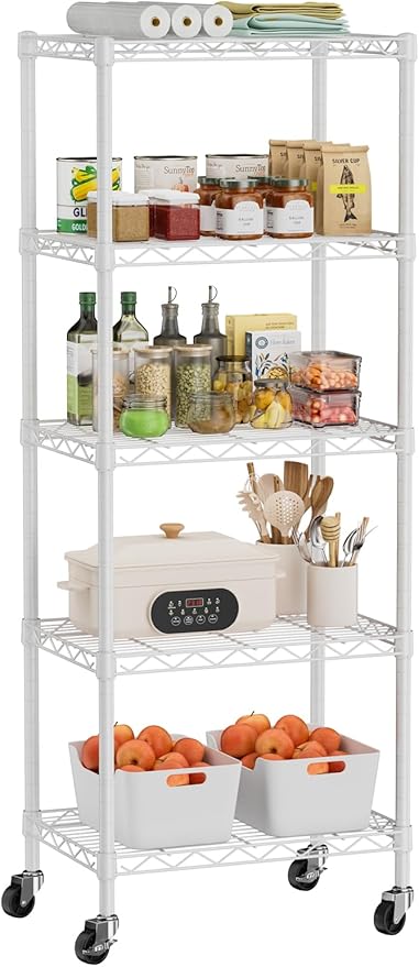 Small 5 Tier Shelves Storage Wire Shelving Unit Metal Shelf Adjustable Organizers Storage Shelving with Wheels for Bathroom Laundry Room Kitchen Pantry12โD x 18โW x 57.2โH White