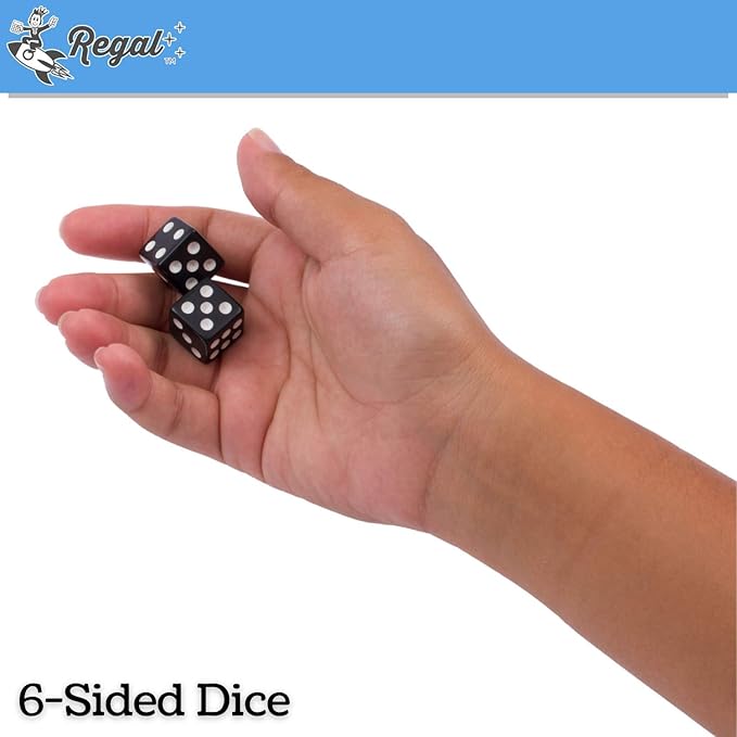 Regal Games 6 Sided Square Dice - Black, 16mm, 50 Piece Set for Family Game Night