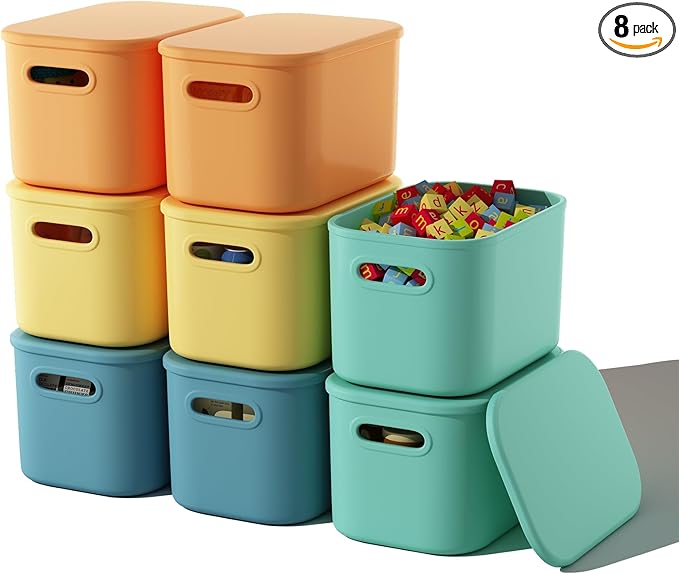 8 Pack Colorful Storage Bins with Lids Stackable Storage Container for Organizing, Storage Boxes with Handle for Shelves, Cute Storage Bin for Craft, Snacks, 9.85x6.9x5.7 inch