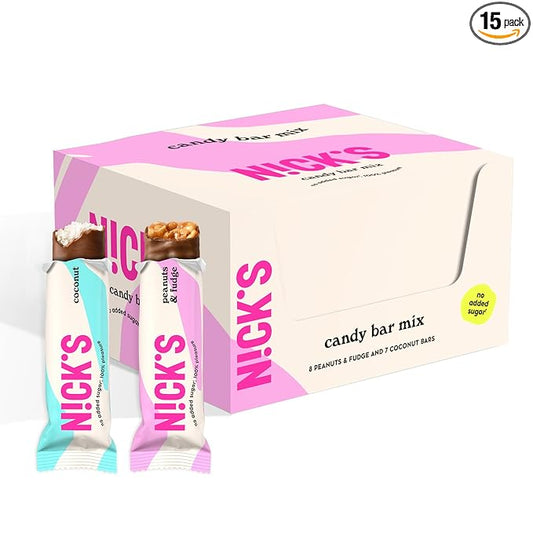 NICK'S Keto Chocolate Candy Bars – Coconut and Peanuts n' Fudge, Variety Pack, No Added Sugar, Low Carb, 180 Calories, Gluten-Free Sweets – 15-Pack (40g Each)