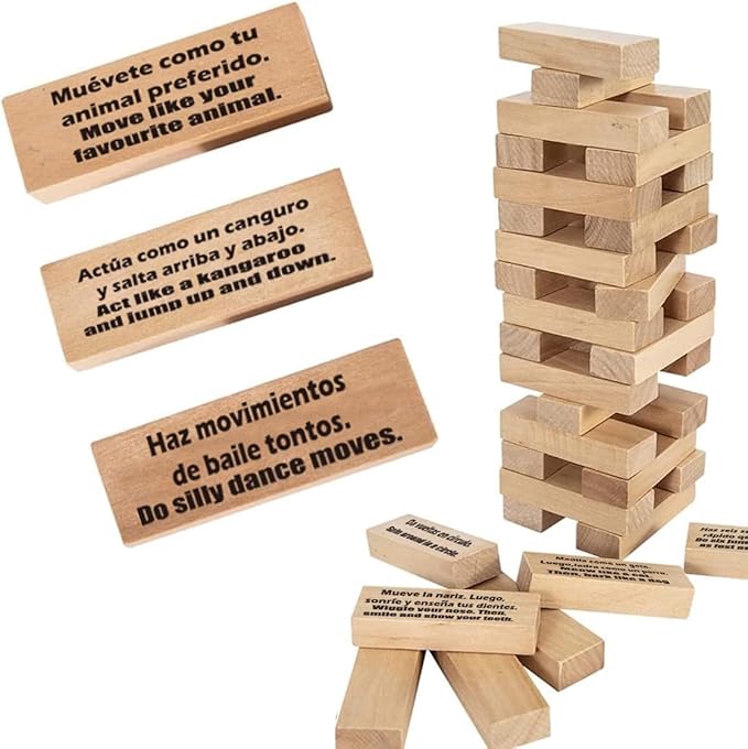 1step2dream Spanish Stacking Tower Game | Bilingual Block Game for Kids Adults | Perfect for Family, Classroom | 54 Hilarious Commands | Ideal Learning Board Game Gift