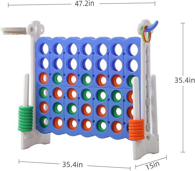 UNICOO® Height Adjustable Jumbo 4-to-Score Game, 4 in A Row Game with Basketball Hoop, Ring Toss, Carrying Bag, Indoor Outdoor Yard Game, Parties & Family Gatherings