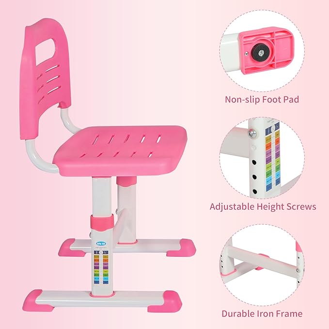 Kids Desk and Chair Set,Height Adjustable Child's Study Table with Tilt Desktop,LED Light,Cup Holder,Bookstand and Storage Drawer,Pink