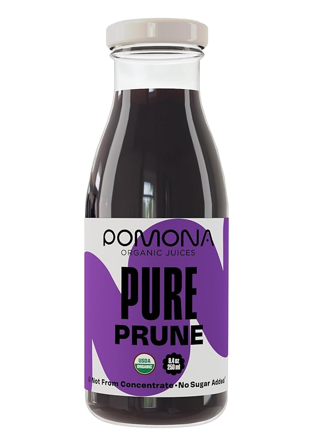 Pomona Organic Juices Pure Prune Juice, 8.4 Ounce Bottle (Pack of 12), Cold Pressed Organic Juice, Non-GMO, No Sugar Added, Not from Concentrate, Gluten Free, Kosher Certified, Preservative Free