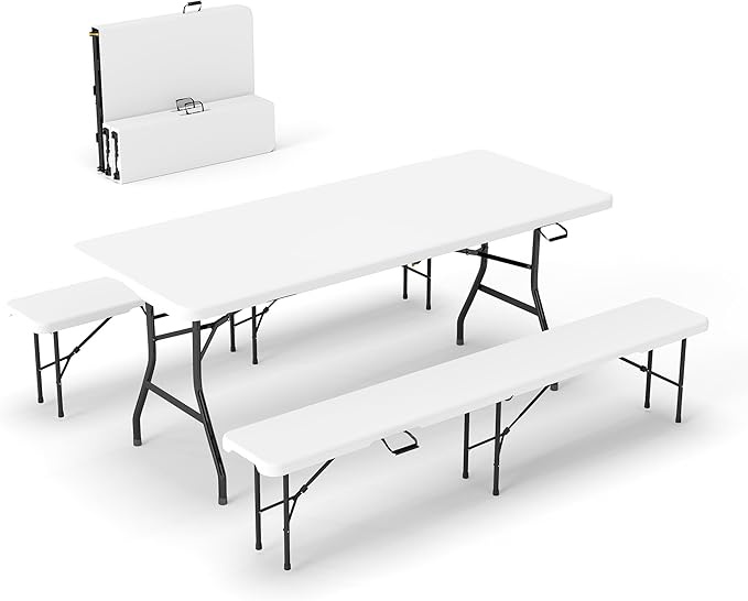 Real Relax 6' Picnic Table with 2 Benches, 3 Piece White Portable HDPE Folding Camping Table and Benches for Courtyard, Garden, Outdoor Leisure, Party