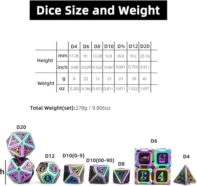 Metal Dice Set Collection for DND and All TRPG Games (Cthulhu, Rainbow 11 Set)