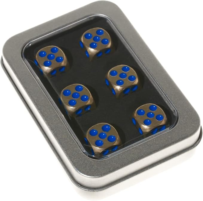 6 Sided Metal Brass Dice with Blue Pips, Tables Board Game Dice, 6pcs Solid Gift Brass Dice, Tabletop Games Set for Poker Party Playing Games