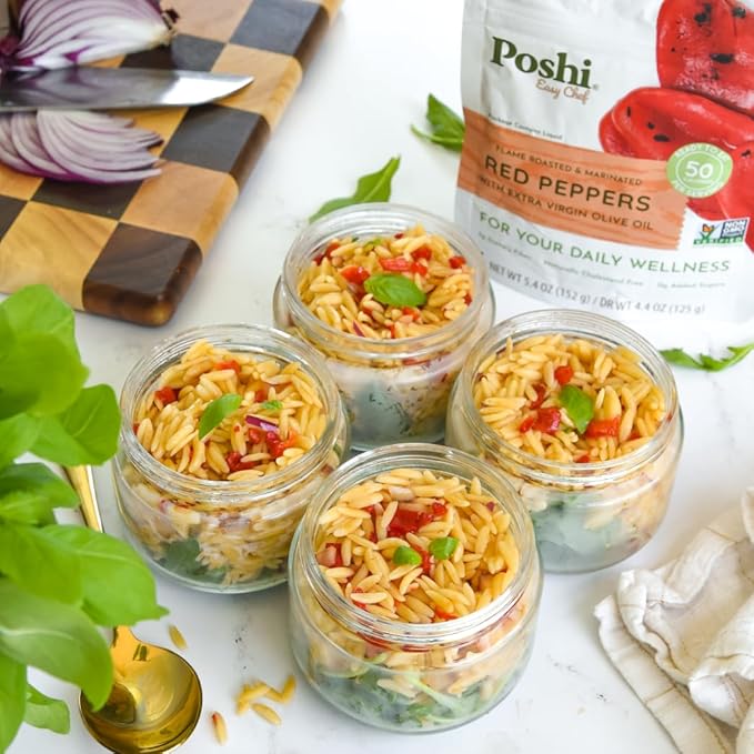 POSHI Flame Roasted Red Peppers in Extra Virgin Olive Oil Natural, Keto, Vegan, Non GMO, Low Carb + Calorie, Gluten Free, Ready to Eat, Fully Cooked Vegetables, Pentry Food, Gourmet, 6 Pack, 5.4 oz