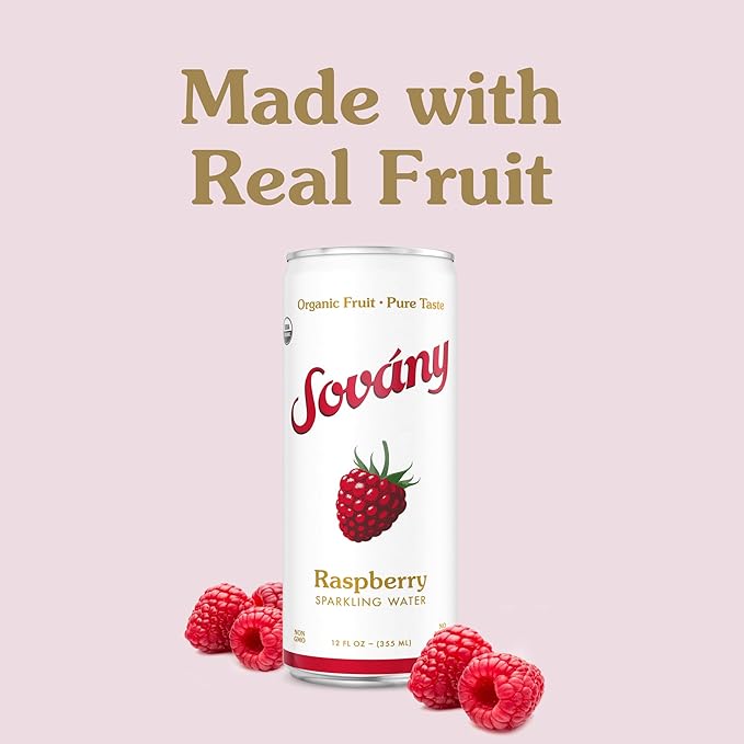 Sovány Sparkling Water, Raspberry, Seltzer Water Drinks, USDA Organic, Made With Real Fruit, Non-GMO, Vegan, No Added Sugar, Low Calorie, 12 fl oz, 12 Pack