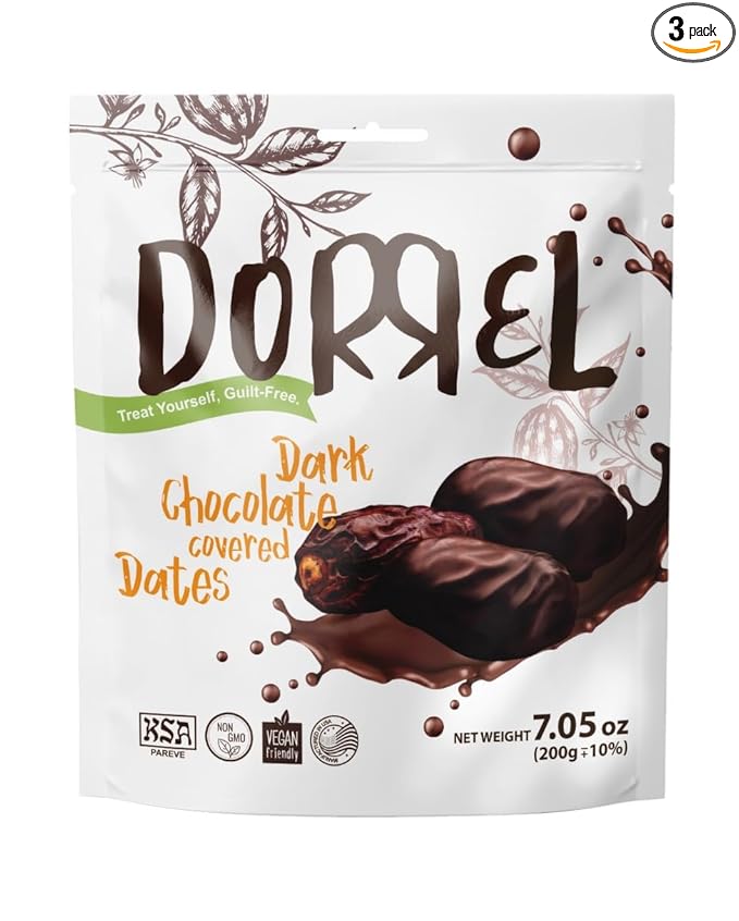 DORREL - Belgian Dark Chocolate Covered Medjool Dates, High Energy Vegan Choco Snack Delicious, Kosher & Non-GMO, Pack of 1 Chocolate Covered Dates, 7.05 oz / 200 g Ea