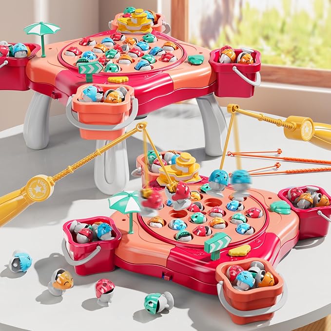Magnet Fishing Game for Kids Toddlers Aged 3 4 5 6 7 8 - Fishing Toys with 48 Fishes Toys, 8 Poles, Rotating Board Game with On-Off Music, Educational Birthday Gifts for Boys Girls 1-3 (Pink)