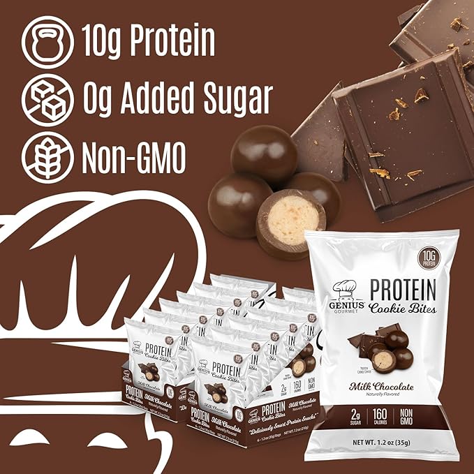 Genius Gourmet Protein Cookie Bites Milk Chocolate - 10g Protein, No Added Sugar, Low Carb, Non-GMO - Sweet Protein Desserts & Protein Snacks for Adults and Kids - 12 Bags