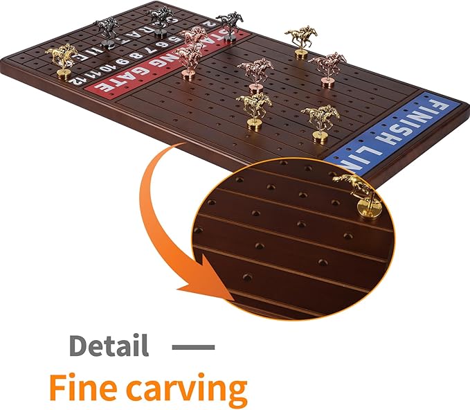 Large 21 inches Horse Racing Board Game Thickened Solid Wood with 11 Luxurious Durable Classic Metal Horses Including Dice and Cards Finish LINE Race Game Board (Large, Walnut)