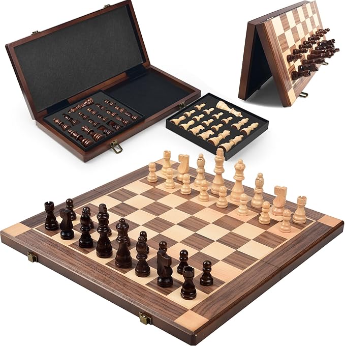 15” Magnetic Wooden Chess Set with Removable Chess Piece Case, KEEPRAE Folding Travel Chess Board Game for Adults & Kids, Tournament & Beginner