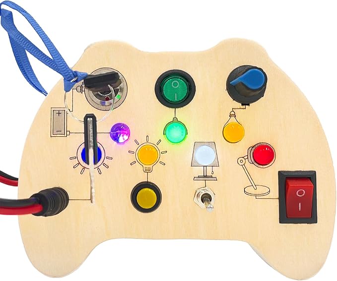 Wooden Fidget Toy Toddler Toys for Kids, Toddler Busy Board with 7 LED Lights Switches, Sensory Toys for Toddlers 3-4, Battery Powered Kids Toys Toddler Gifts, Learning Toys