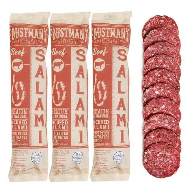 Foustman's Salami Beef Salami, Artisanal Beef Salami, Authentic Flavor for Versatile Snacking and Keto Diets, Gluten-Free, Dairy-Free, Nitrate-Free, Pack of 3, 8 Oz Sticks Each