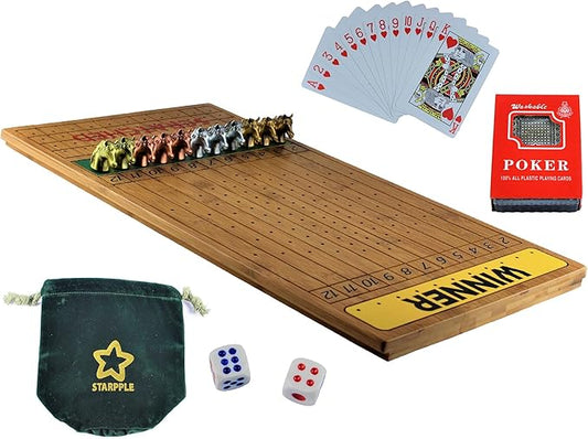 Metal Horse Race Board Game Set with Horse Racing Thick & Solid Wood Game Board(22"/Dark),11 Luxurious with 4 Antique(Gold,Silver,Red Cooper&Bronze) Metal Craft Horses, Dice&Cards (HR-F654)