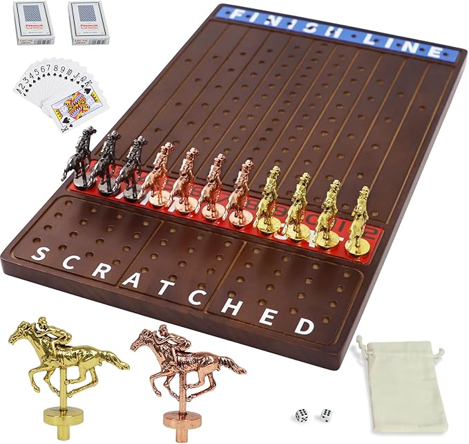 Metal Horse Race Board Game Racing Game Thickened Solid Wood with 11 Luxurious Durable Classic Metal Horses with 2 Dice and 2 Boxes of Cards Horse Racing Game (Walnut,Rectangle)