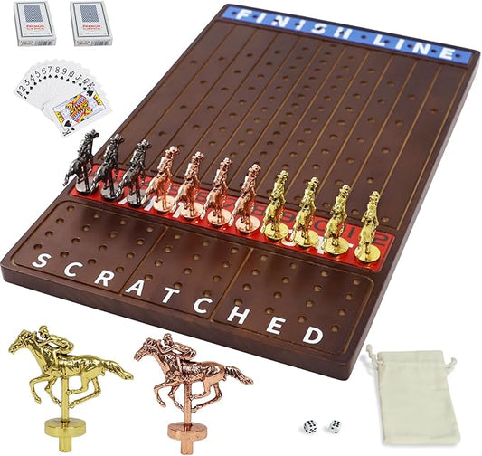 Metal Horse Race Board Game Racing Game Thickened Solid Wood with 11 Luxurious Durable Classic Metal Horses with 2 Dice and 2 Boxes of Cards Horse Racing Game (Walnut,Rectangle)