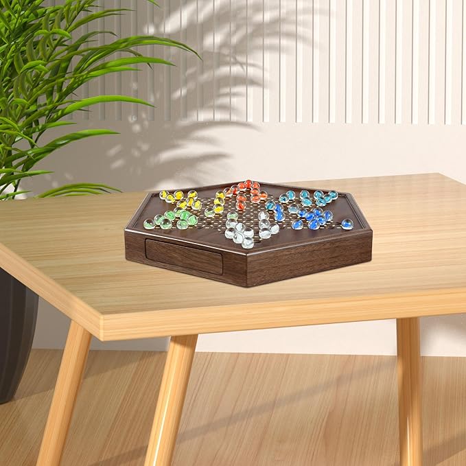 Chinese Checkers Set, 13 Inch Wooden Checkers Board Game with 60+12 Colorful Glass Marbles Fun Family Chinese Checkers Game for 2-6 Players