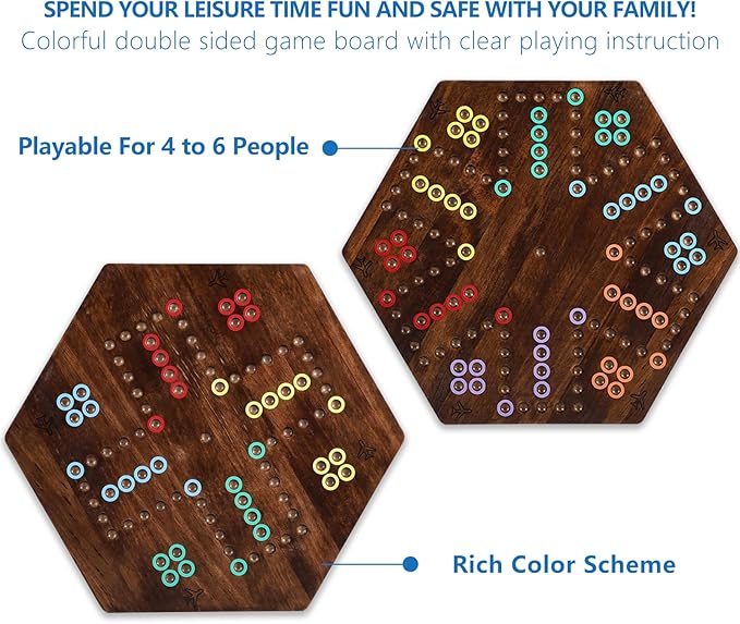 Large Size 20 inches Wood Wahoo Marble Board Game 2 Sided Game 4-6 Player for Friends and Family Party,Classic Stragecy Trouble Game with 6 Dices,24 Marbles(Rustic Brown)