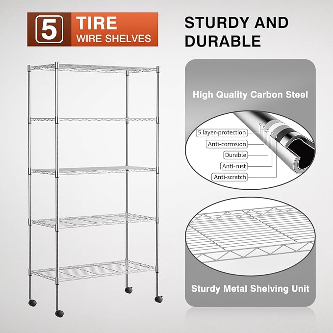 FDW Adjustable Storage Shelves 5-Tier Wire Shelving Unit Heavy Duty Metal Shelves with Wheels 14”Dx30”Wx61”H Storage Shelf Rack for Home Kitchen Commercial, Chrome