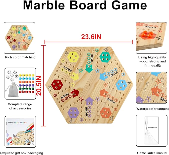 Extra Large 23.6 Inches Wahoo Marble Board Game 4 and 6 Players 2 Sided Painted Thicken Wood Board Perfect Game for Family Friends Party