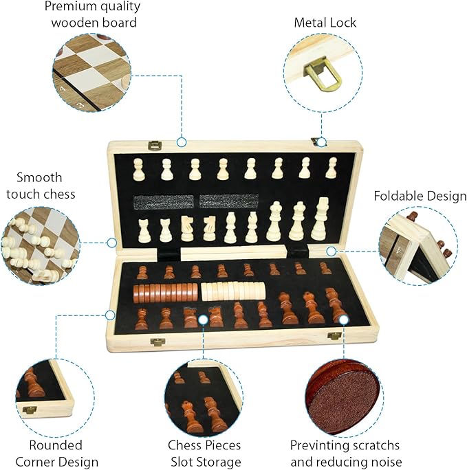 (Upgraded Magnet) 15" Magnetic Chess & Checkers Set, 2 in 1 Board Game, Wooden Handcrafted Folding Chess Board Portable Chess Set with Storage Slots & 2 Extra Queens,Great Gift for Adults & Kids