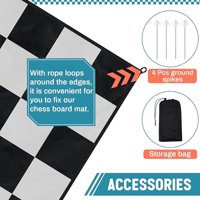 9x9ft Giant Chess Game Mat Nylon Board Mat for Outdoor with 4 Ground Nails and Storage Bag, Compatible with 25 37 49 Inch Giant Chess Sets and 10 Inch Large Checkers, Checker Not Included