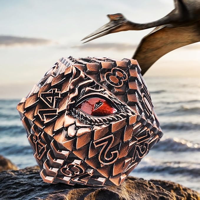 Metal D20 DND Dice Set - Dragon Scale Metallic 20 Sided Giant Polyhedral Dice,35mm Large Dragon Eye Metal D&D Dice Set for Dungeons and Dragon Tabletop Game(Red Copper Dragon Scale)