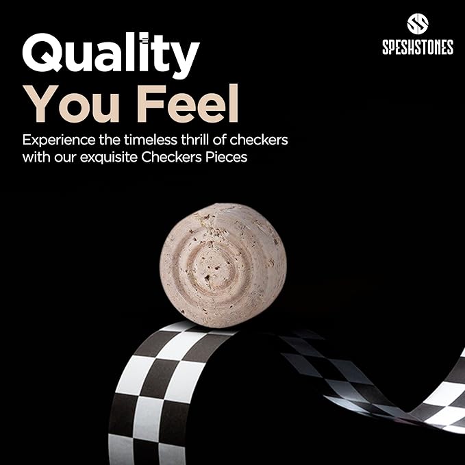 Marble Checkers 1.25 Inch Black and Travertine Stone Pieces for Classic Checker Board Games, Tabletop Strategy Set for Adults & Family, Travel and Outdoor Play