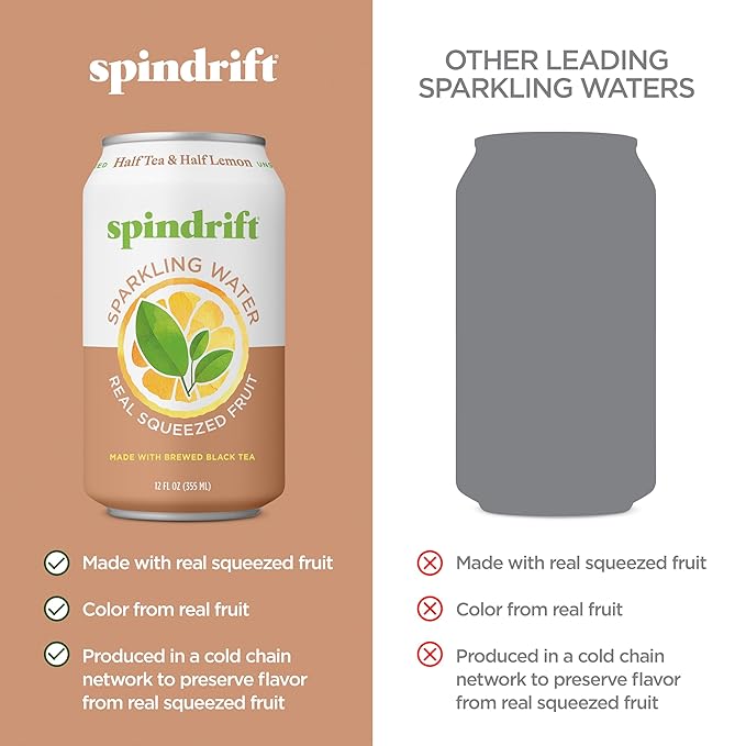 Spindrift Sparkling Water, Half Tea & Half Lemon Flavored, Made with Real Squeezed Fruit, 12 Fl Oz Cans, Pack of 24 (Only 5 Calories per Can)