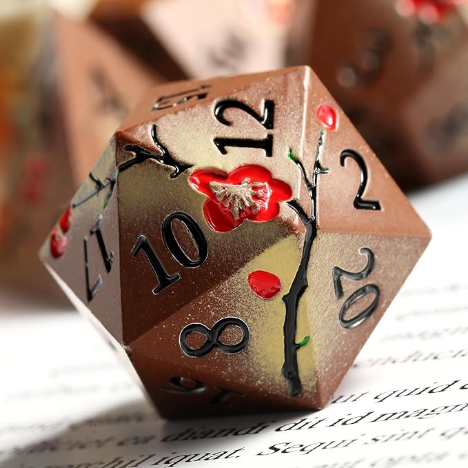 Metal Dice Set DND, DNDND 7 PCS Metallic Flowers D&D Dice with Gorgeous Gift Case for D&D Dungeons and Dragon Tabletop Game (Brown and Cream-Coloured)