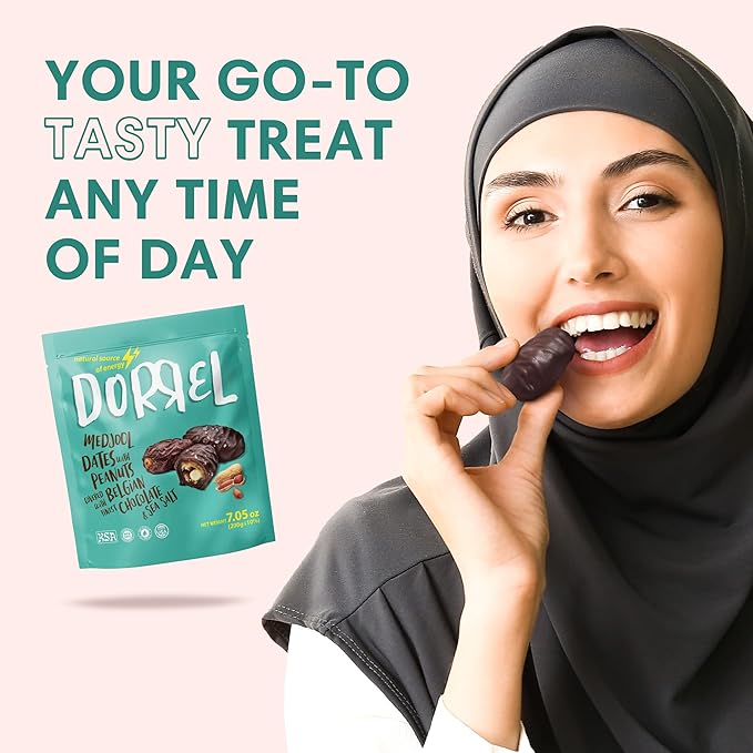 DORREL - Belgian Dark Chocolate Covered Dates (Medjool) with Salted Peanuts Stuffing, High Energy Vegan Choco Snack, Delicious, Kosher & Non-GMO, Pack of 1 Stuffed Chocolate Dates, 7.05 oz / 200 g Ea