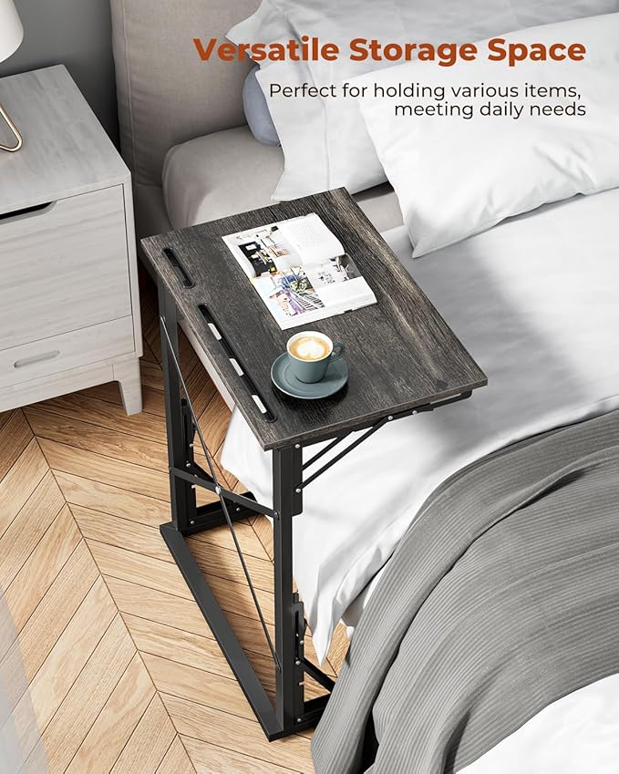 21''Wx28''H Folding TV Tray for Eating, Small Foldable C-Shaped Tray Table with Tablet and Phone Slots, Slide Under Couch Side Table for Recliner, Living Room, Bedroom, Deep Grey