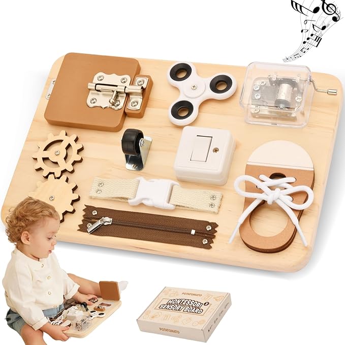Potatomato Busy Board Toddlers - Montessori Educational Fidget Toys for Baby 1 2 3 4 Years Old - Wooden Sensory Toys Autistic Children - Preschool Learning Activities Fine Motor Skills – Travel Toy
