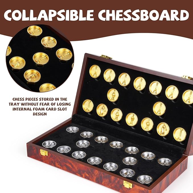 2-in-1 Metal Chess and Checkers Set for Adults & Kids –Travel Chess Sets Luxury Wooden Foldable Chessboard with Storage – Portable Classic Family Strategy Board Game with Metal Chess Pieces