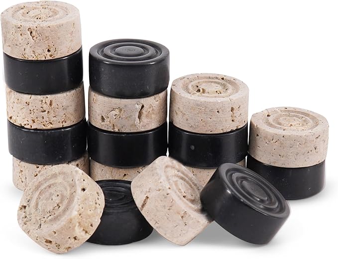 Marble Checkers 1.25 Inch Black and Travertine Stone Pieces for Classic Checker Board Games, Tabletop Strategy Set for Adults & Family, Travel and Outdoor Play