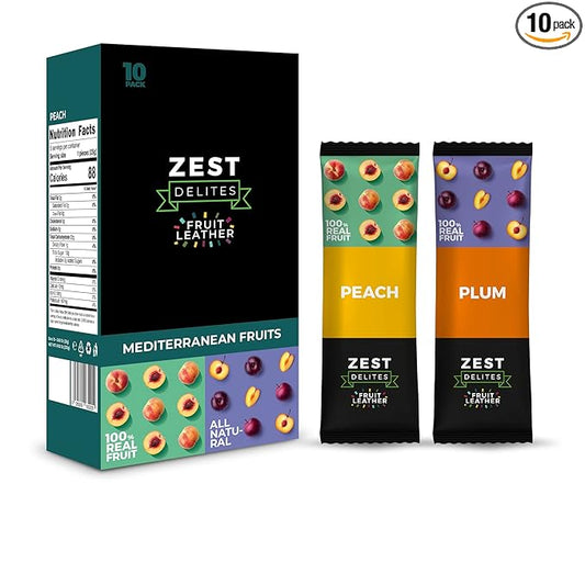 Fruit Snacks by Zest Delites, Dried Fruit Leather Bars, Healthy Snacks for Adults & Kids, Gluten Free Apple-Based Strips, Vegan, Peach, Plum, 0.88 oz x 10