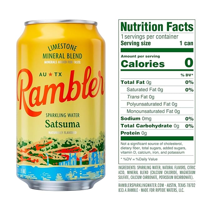 AUTX RAMBLER Sparkling Water, Texas Limestone Mineral Blend, Satsuma Flavor, 12-Ounce Cans, 12-Pack