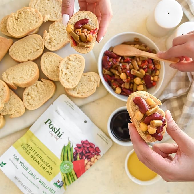 POSHI Mediterranean Three Bean Salad Natural, Keto, Vegan, Non GMO, Low Carb + Calorie, Gluten Free, Ready to Eat, Fully Cooked Vegetables, Pentry Food, Gourmet, Healthy, Travel Food 6 Pack, 4.4 oz