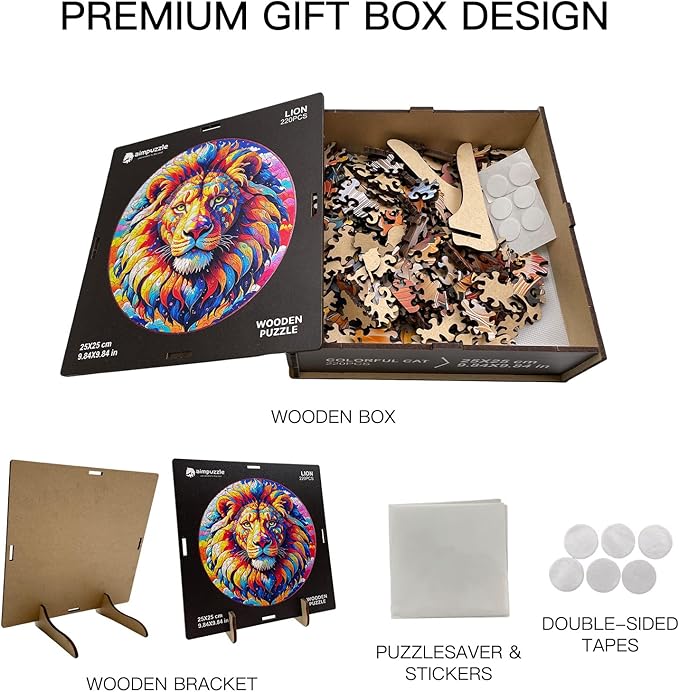 Wooden Puzzle for Adults โ Unique Lion-Shaped Jigsaw, Animal Style Brain Teaser for Kids & Teens, 220 Pieces, 10"x10", Ships as Whole Puzzle Board (No Loose Pieces), Gift-Ready Box, Fun Family Game
