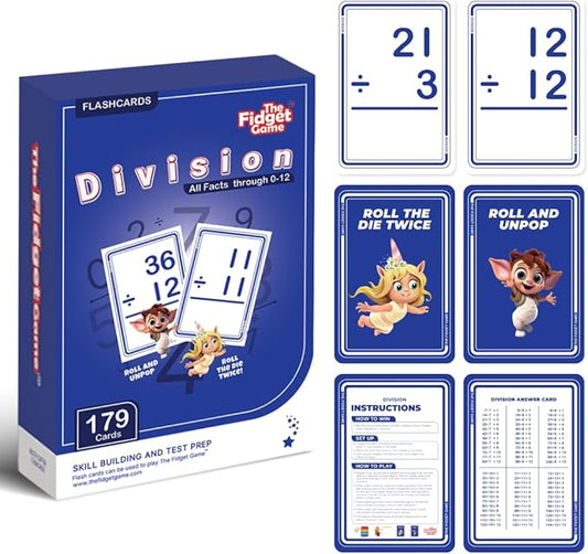 The Fidget Game 179 Division Flash Cards Game Set All Facts 0-12 for Kids in 3rd and 4th Grade Classroom or Homeschool - Division Practice, Dividends, and More