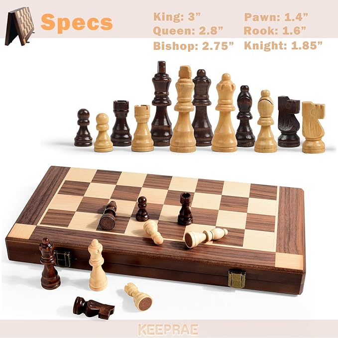15” Magnetic Wooden Chess Set with Removable Chess Piece Case, KEEPRAE Folding Travel Chess Board Game for Adults & Kids, Tournament & Beginner